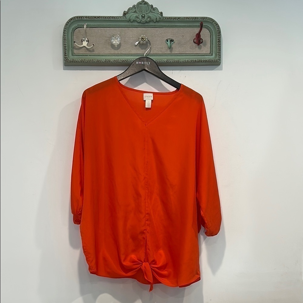 Chico's mandarin Orange 3/4 Sleeve Tie Front Blouse size 2 / large women’s top